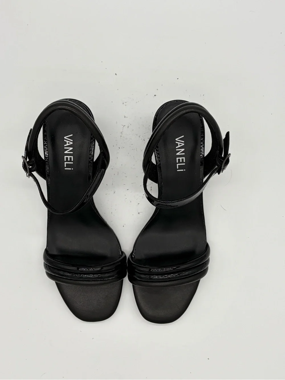 Vaneli Black Twisted Strap Mid-Heel Sandals